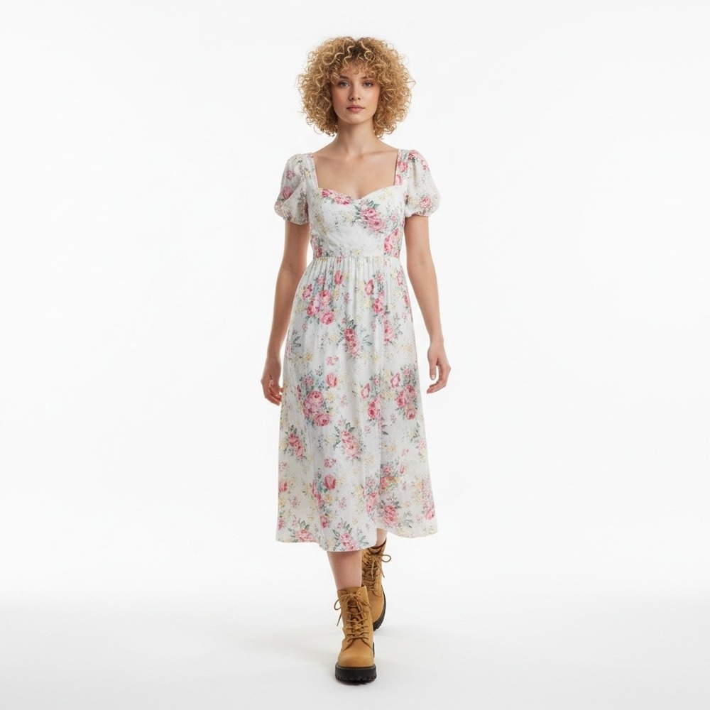 New Cottagecore Peasant Milkmaid Floral Midi Dress Rose Puff Sleeve Elastic XL